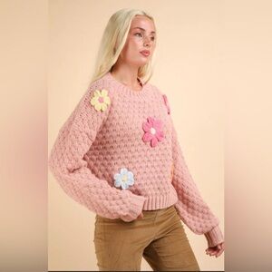 New In Floral Knit Sweater Pink Meduim Cottagecore Coquette Whimsical Girly